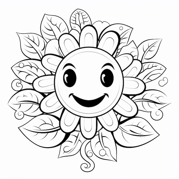 un disegno in bianco e nero di un girasole sorridente con foglie ai creative