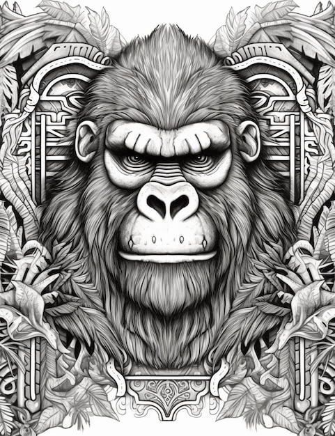 un disegno in bianco e nero di un gorilla con una grande faccia generativa ai