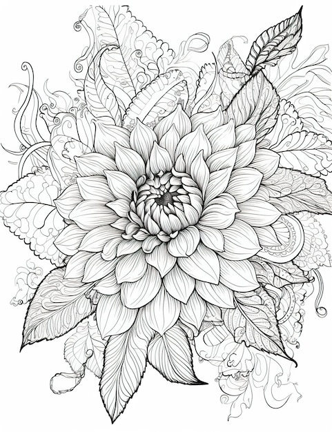 Un disegno in bianco e nero di un grande fiore con foglie e fiori.