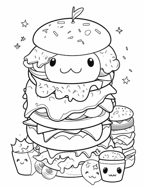 Un disegno in bianco e nero di un grande hamburger con ciambelle ai generative