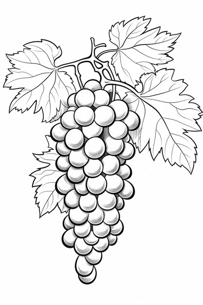 un disegno in bianco e nero di un grappolo d'uva con foglie ai generative