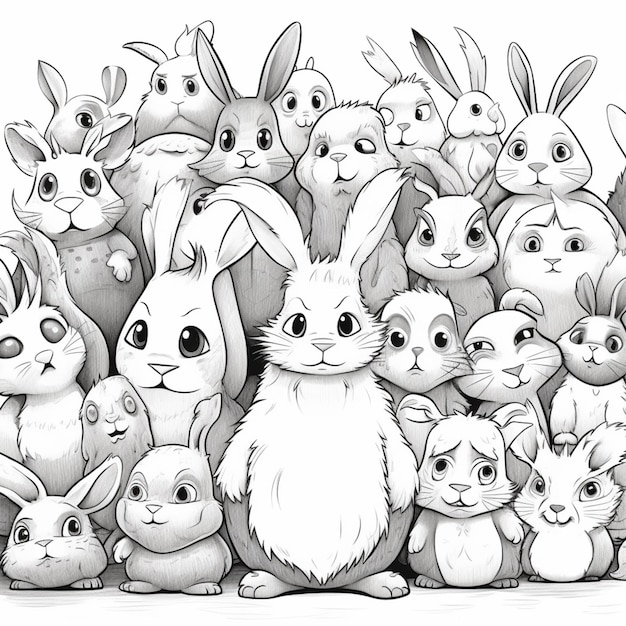 Un disegno in bianco e nero di un gruppo di conigli.