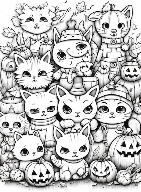 un disegno in bianco e nero di un gruppo di gatti circondati da zucche generativ ai