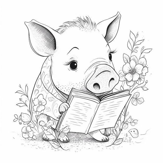 Un disegno in bianco e nero di un maiale che legge un libro generativo ai