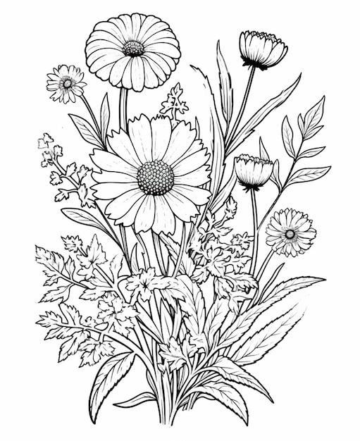 un disegno in bianco e nero di un mazzo di fiori. ai generativi.