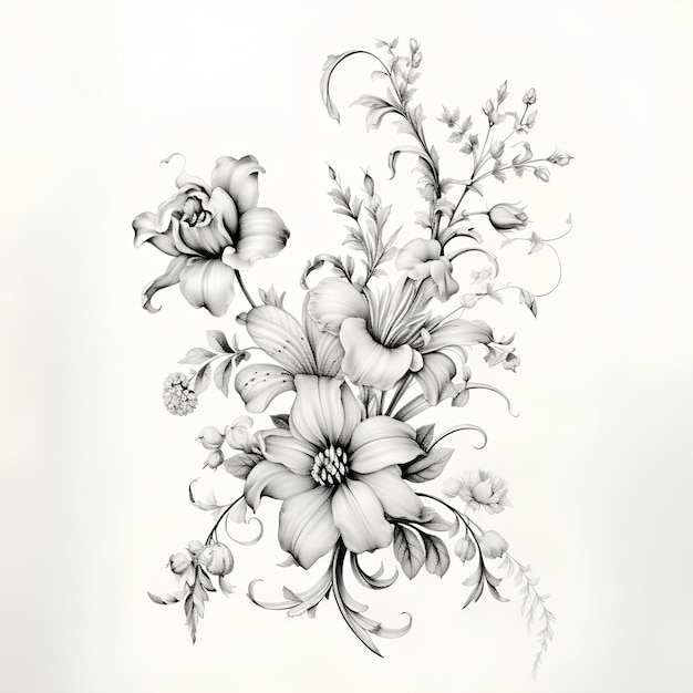 un disegno in bianco e nero di un mazzo di fiori ai generato