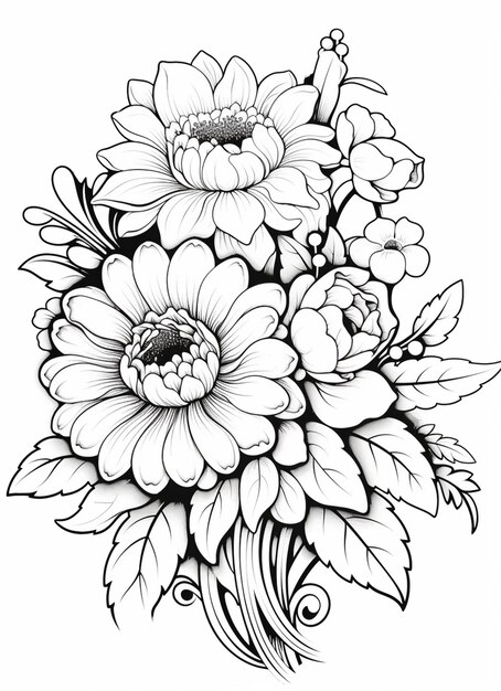 un disegno in bianco e nero di un mazzo di fiori ai