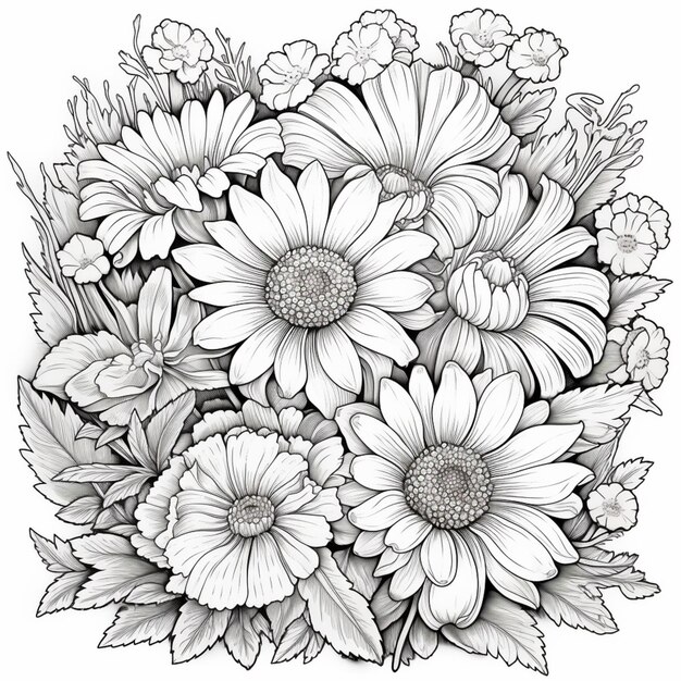 Un disegno in bianco e nero di un mazzo di fiori ai