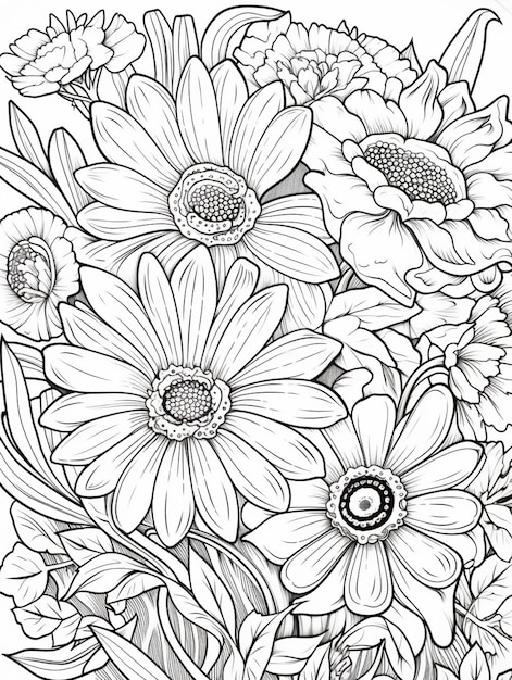 un disegno in bianco e nero di un mazzo di fiori ai