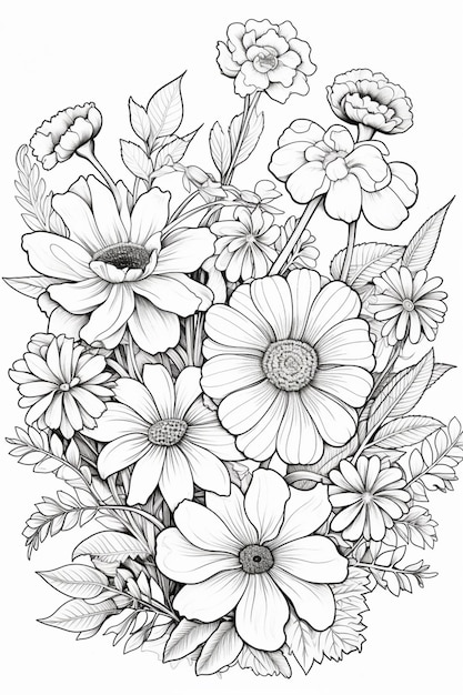 un disegno in bianco e nero di un mazzo di fiori ai