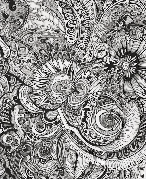 un disegno in bianco e nero di un mazzo di fiori generativ ai