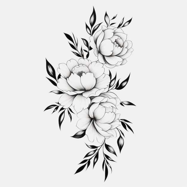 Un disegno in bianco e nero di un mazzo di fiori generativo ai