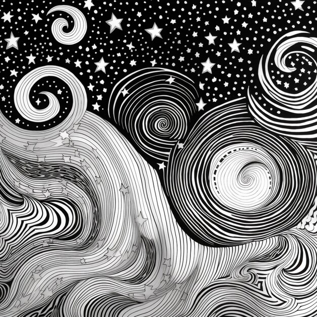 un disegno in bianco e nero di un'onda con stelle e una mezzaluna ai generativa