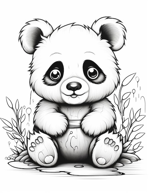 un disegno in bianco e nero di un orso panda seduto a terra