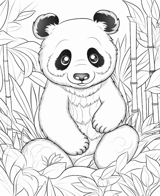 Un disegno in bianco e nero di un orso panda seduto nell'erba generativa ai