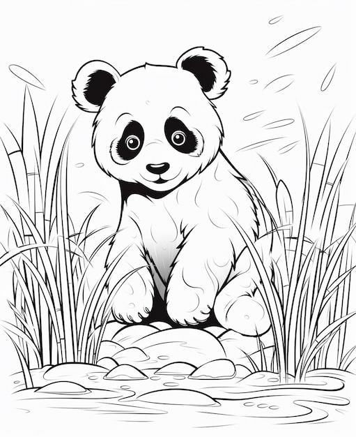 Un disegno in bianco e nero di un orso panda seduto su una roccia generativa ai