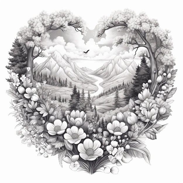 un disegno in bianco e nero di un paesaggio a forma di cuore con montagne e alberi generativo ai