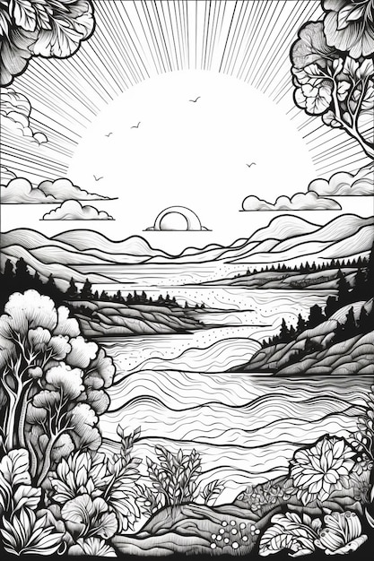 un disegno in bianco e nero di un paesaggio con alberi e un lago ai generativa