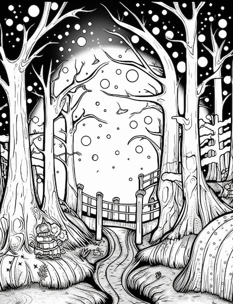 un disegno in bianco e nero di un paesaggio innevato con alberi e un cancello generativ ai