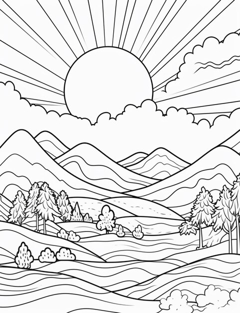 un disegno in bianco e nero di un paesaggio montano con alberi ai generativa