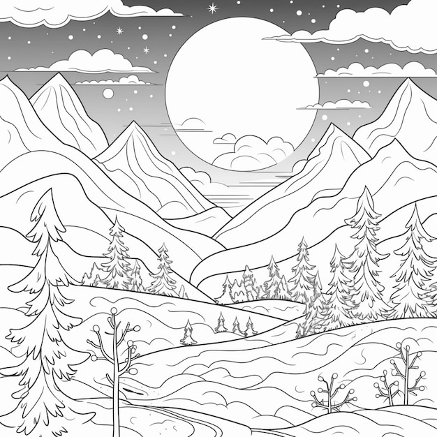 Un disegno in bianco e nero di un paesaggio montuoso innevato con alberi generativi ai