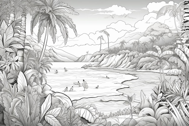 Un disegno in bianco e nero di un paesaggio tropicale con palme e un fiume.