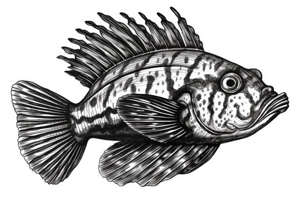 Un disegno in bianco e nero di un pesce