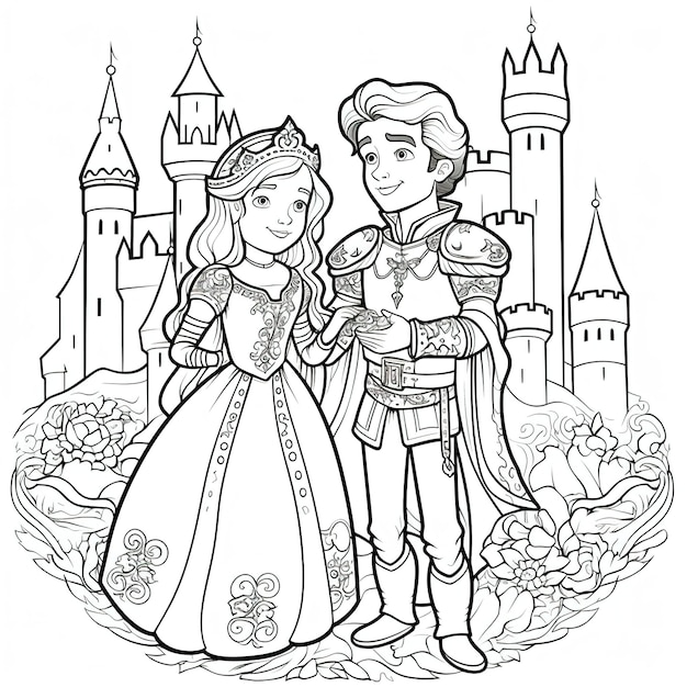 Un disegno in bianco e nero di un principe e una principessa con un castello sullo sfondo.