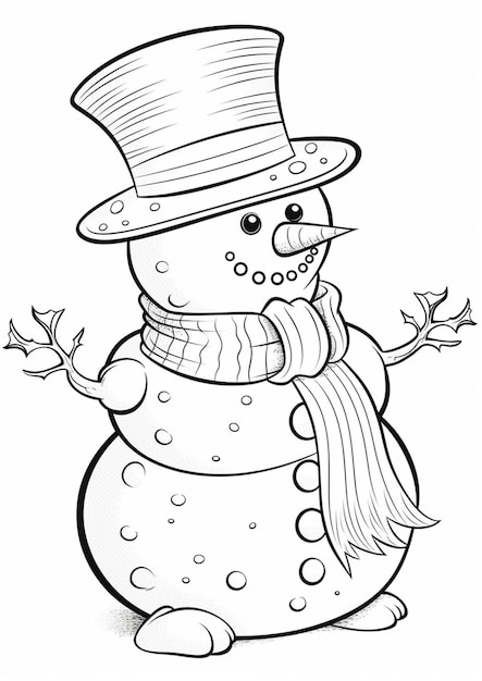 Un disegno in bianco e nero di un pupazzo di neve che indossa un cappello e una sciarpa generativa ai