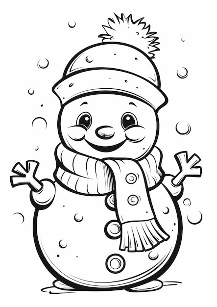 Un disegno in bianco e nero di un pupazzo di neve con una sciarpa e un cappello generativo ai