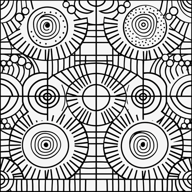 un disegno in bianco e nero di un quadrato con cerchi e sole generativo ai