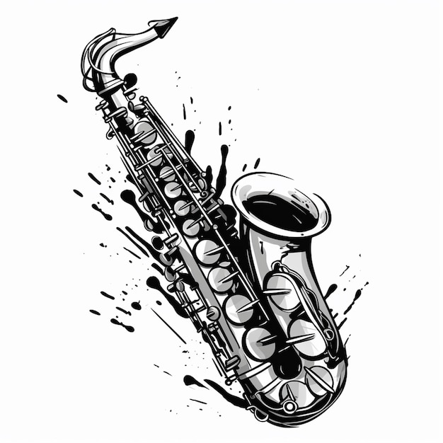 un disegno in bianco e nero di un sassofono con una spruzzata di vernice generativa ai