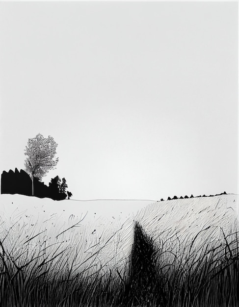 Un disegno in bianco e nero di un sentiero in un campo con alberi e un albero.