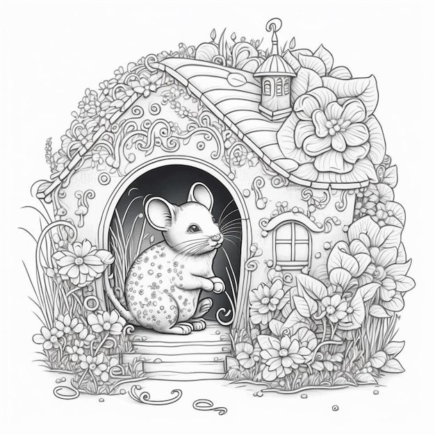 un disegno in bianco e nero di un topo in una casa ai generativa