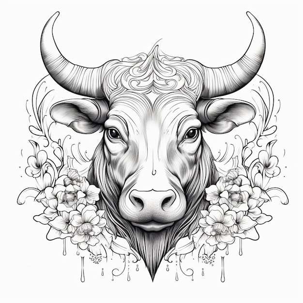 un disegno in bianco e nero di un toro con corna e fiori