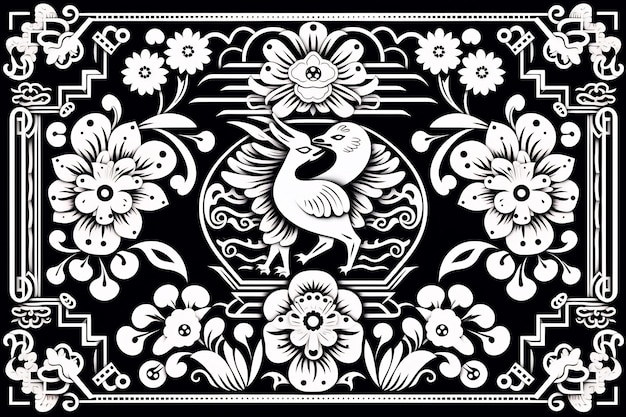 un disegno in bianco e nero di un uccello con fiori e un uccello sopra