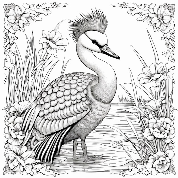 un disegno in bianco e nero di un uccello in piedi in uno stagno ai generativa