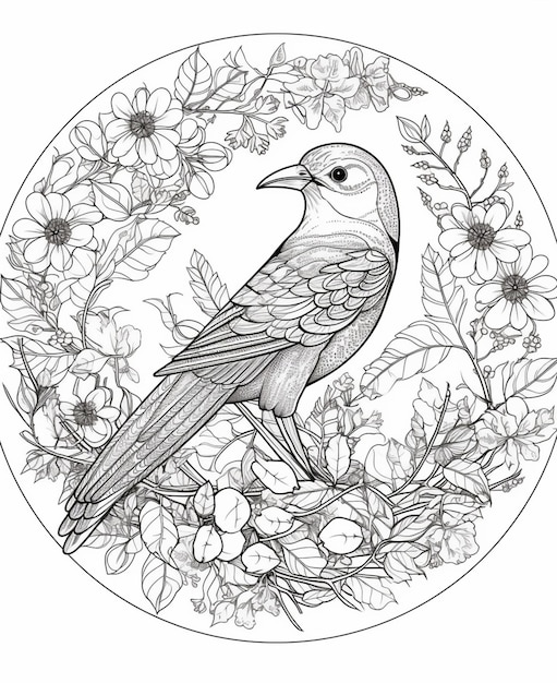 un disegno in bianco e nero di un uccello seduto su un cerchio fiorito generativo ai