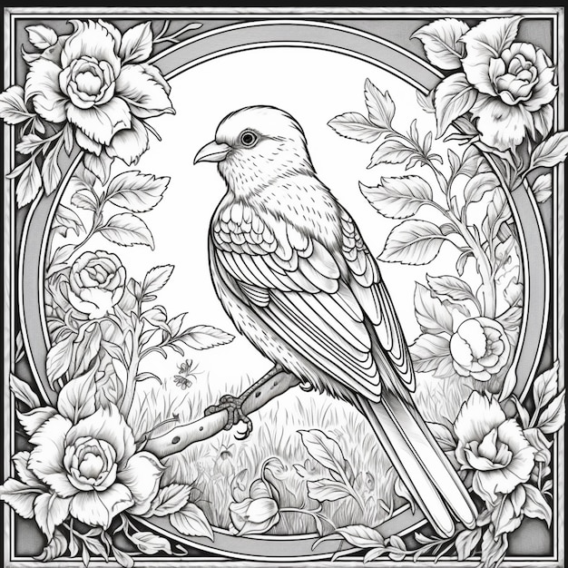 un disegno in bianco e nero di un uccello seduto su un ramo generativo ai