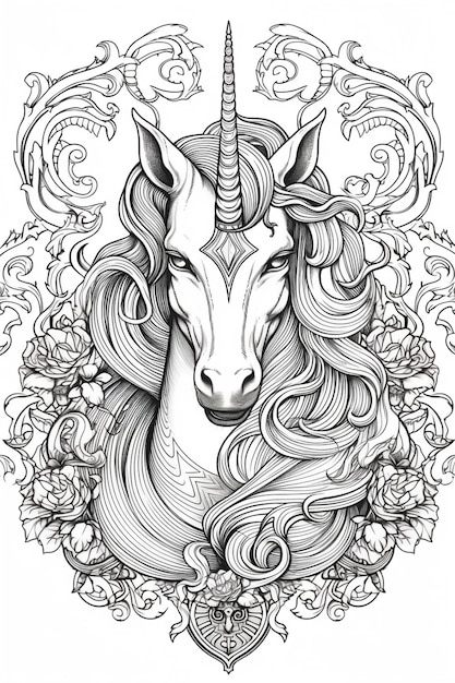 Un disegno in bianco e nero di un unicorno con capelli lunghi ai generativo