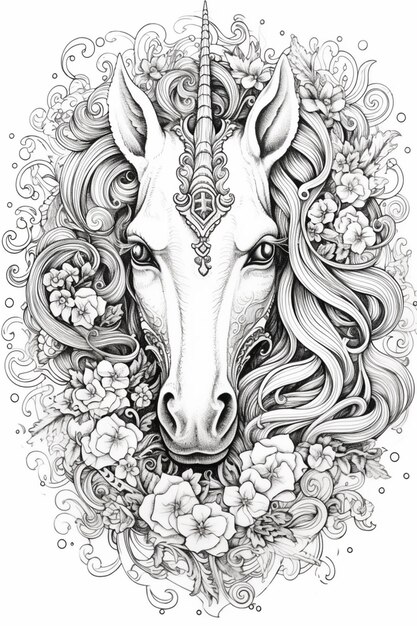 un disegno in bianco e nero di un unicorno con fiori ai generativa