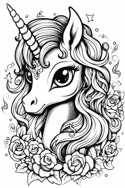 un disegno in bianco e nero di un unicorno con fiori generativo ai