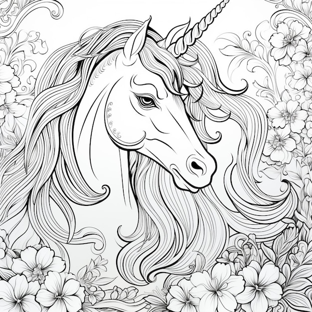 un disegno in bianco e nero di un unicorno con i capelli lunghi