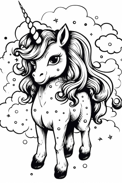 un disegno in bianco e nero di un unicorno con un corno generativo ai