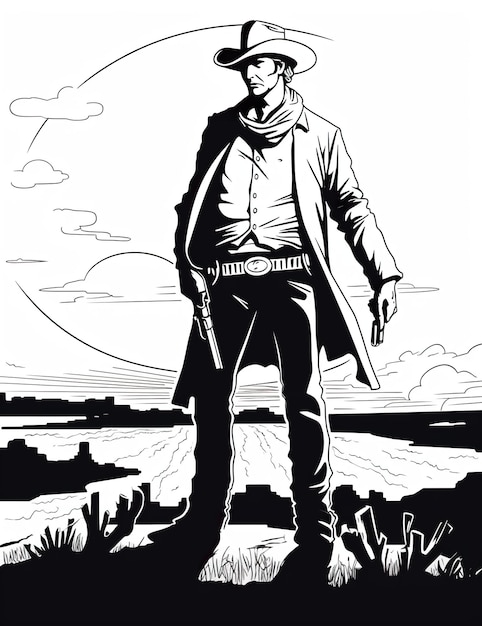 Un disegno in bianco e nero di un uomo con un'immagine ai generativa della pistola
