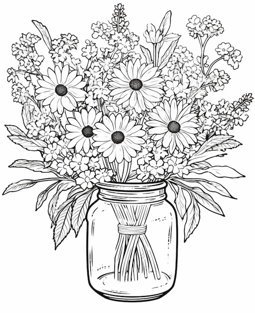 un disegno in bianco e nero di un vaso con fiori al suo interno. ai generativi.