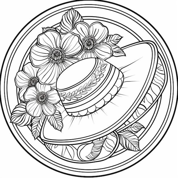 un disegno in bianco e nero di un vaso con fiori e un fiore su di esso