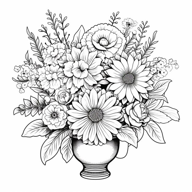 Un disegno in bianco e nero di un vaso con fiori in esso generativa ai