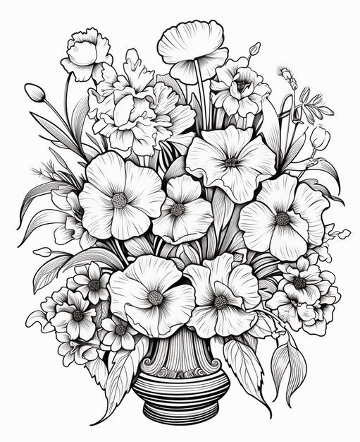 Un disegno in bianco e nero di un vaso con fiori in esso generativa ai