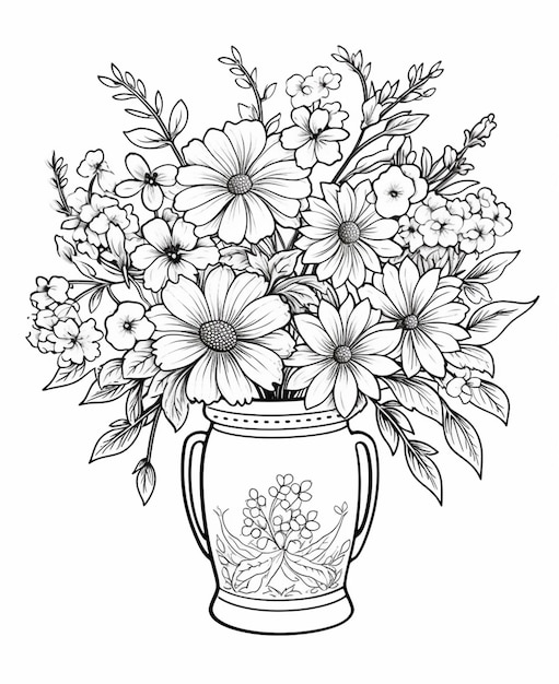 Un disegno in bianco e nero di un vaso con fiori in esso generativo ai